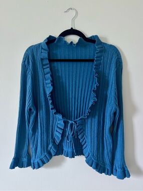Y2K Vintage Blue Ribbed Ruffle Tie Front Cardigan Open Front Cropped Sweater